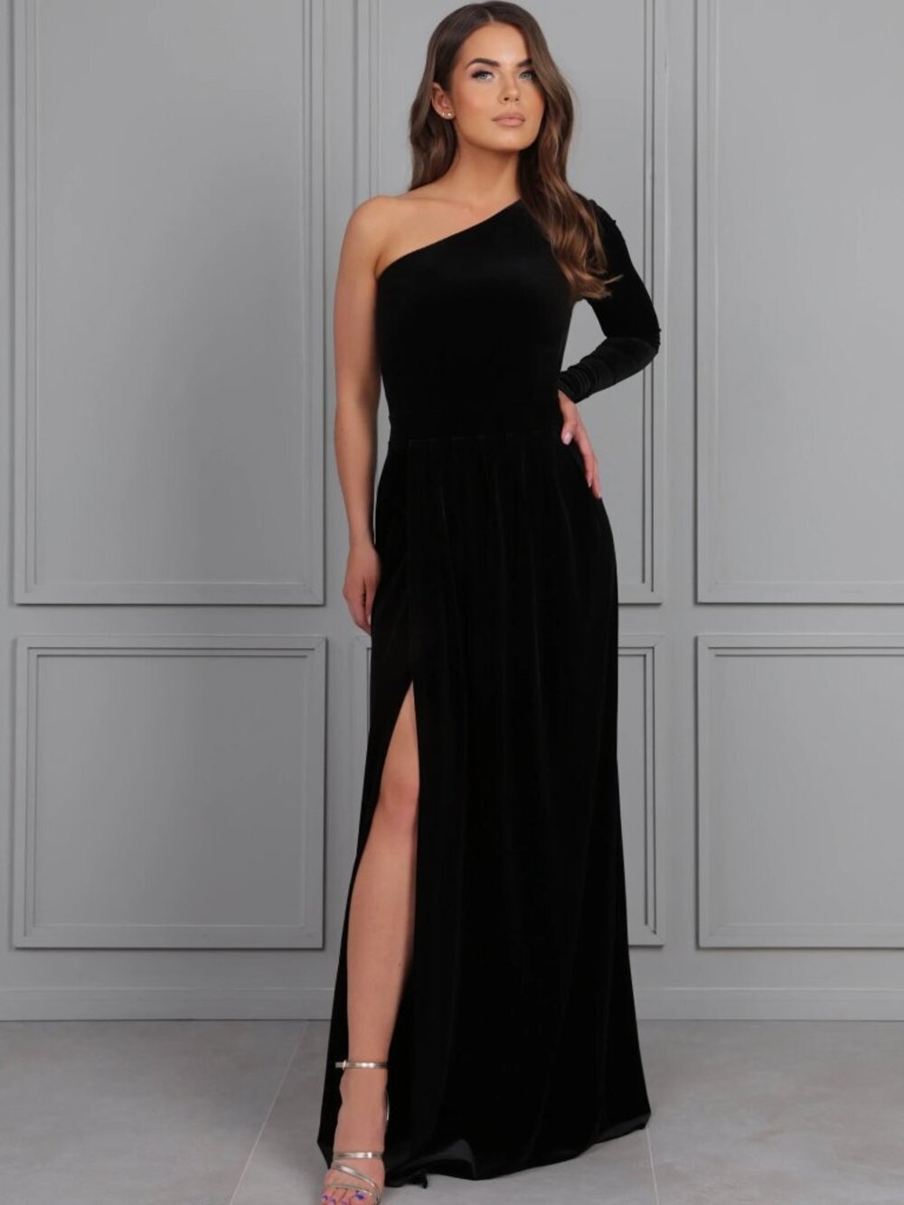 Dark Green Velvet One-Shoulder Bridesmaid Dress Formal Gown w/ Slit + Pockets